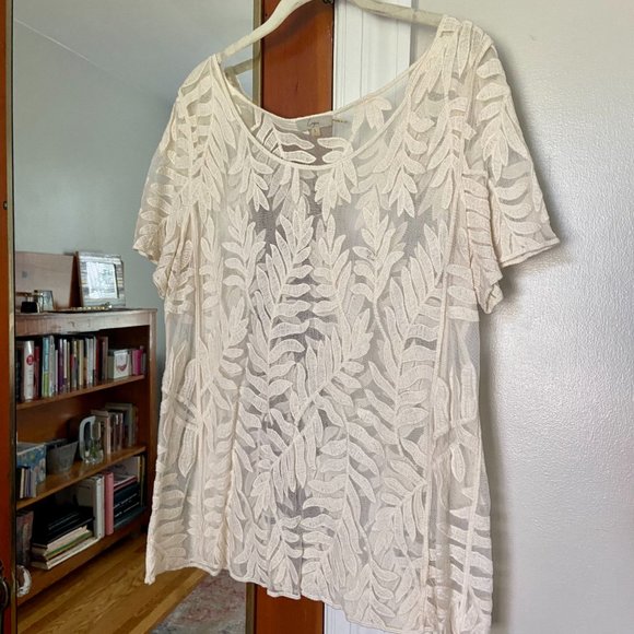 Capri Off-White Palm Leaves Embroidered Sheer Short-Sleeved Top Boho Beach [L] - Picture 3 of 6